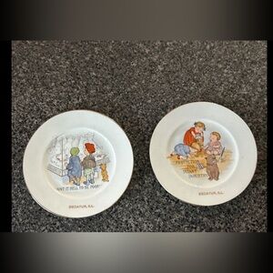 Vintage Decorative Plates Set - White with Illustrations